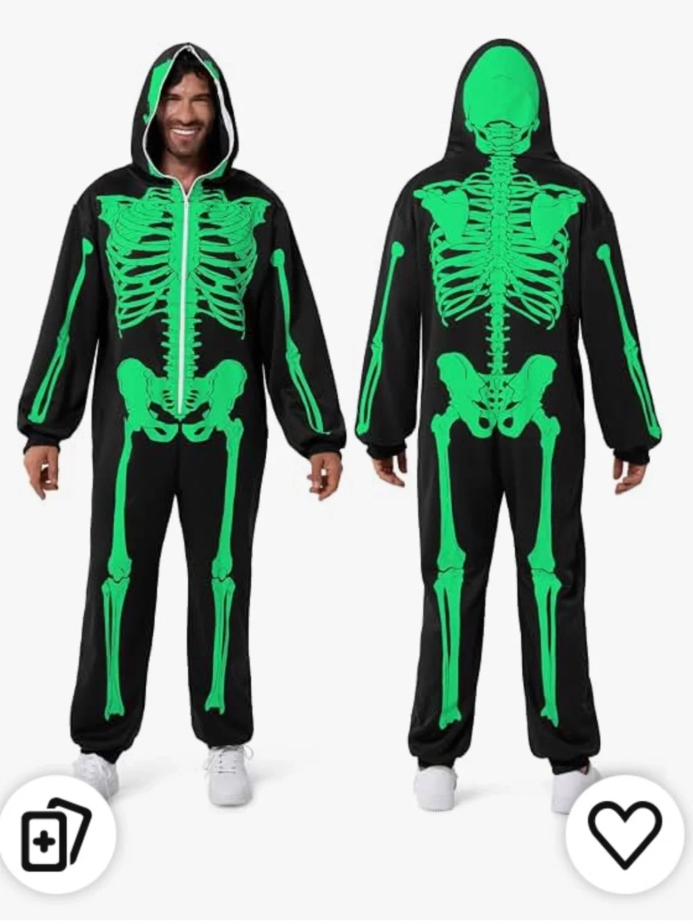 Glow Green Skeleton Hooded Adult Costume - Black Jumpsuit Size XL